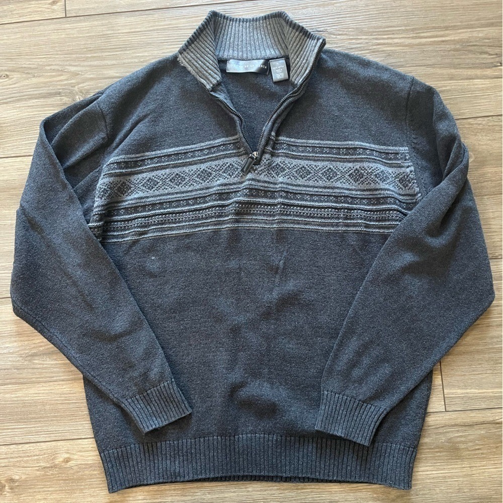 Oscar De La Renta Quarter Zip Fair Isle Sweater Cotton Pullover Grey Extra Large